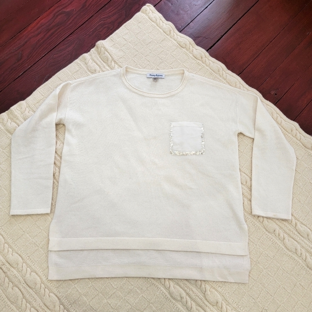Tommy Bahama Cashmere Wool Sweater Sequin Silk Pocket size XS/S Ivory